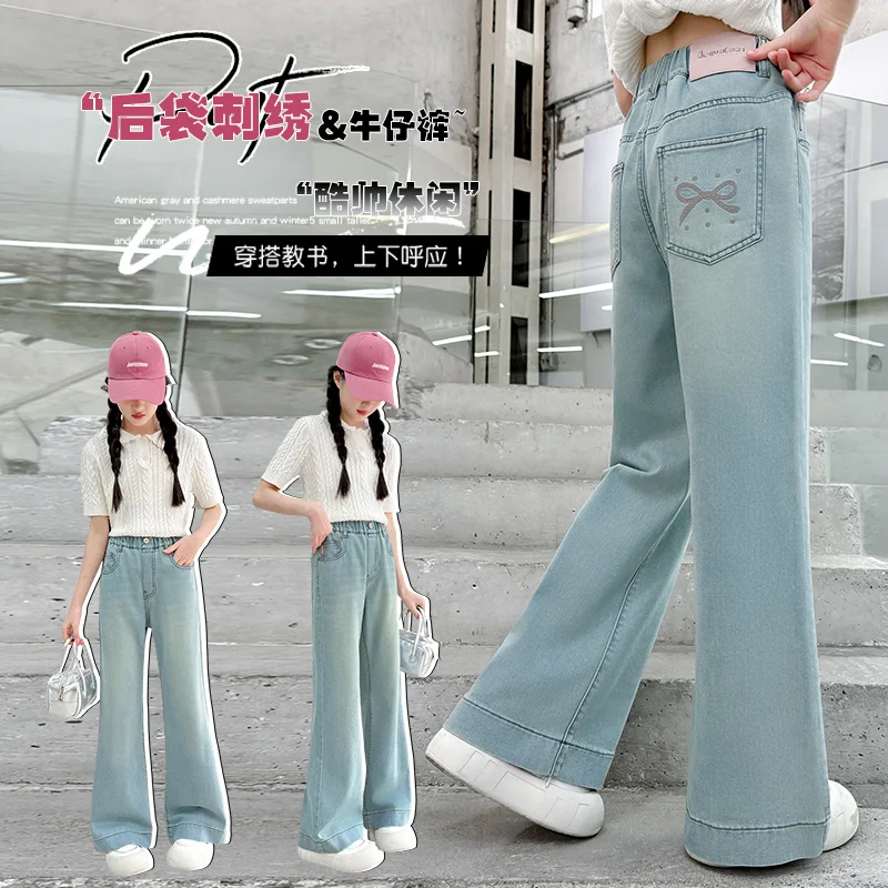 

Girls' Tencel Vintage Denim Jeans, Bow Print Straight-leg Pants, Suitable for Teen Summer Loose Denim Pants Aged 7-14