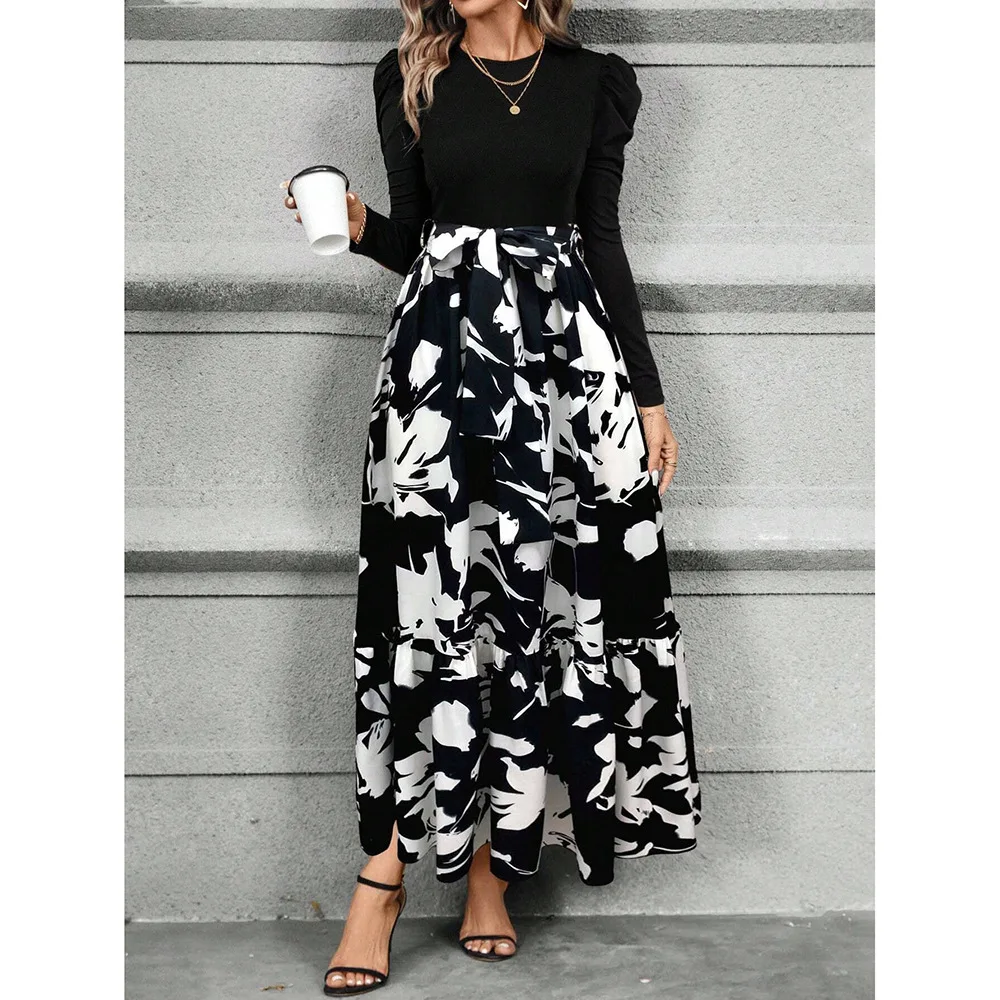 Feminino floral impressão o-pescoço manga longa cintura alta rendas maxi vestido longo outono moda bloco de cores vestidos de festa de férias vestid