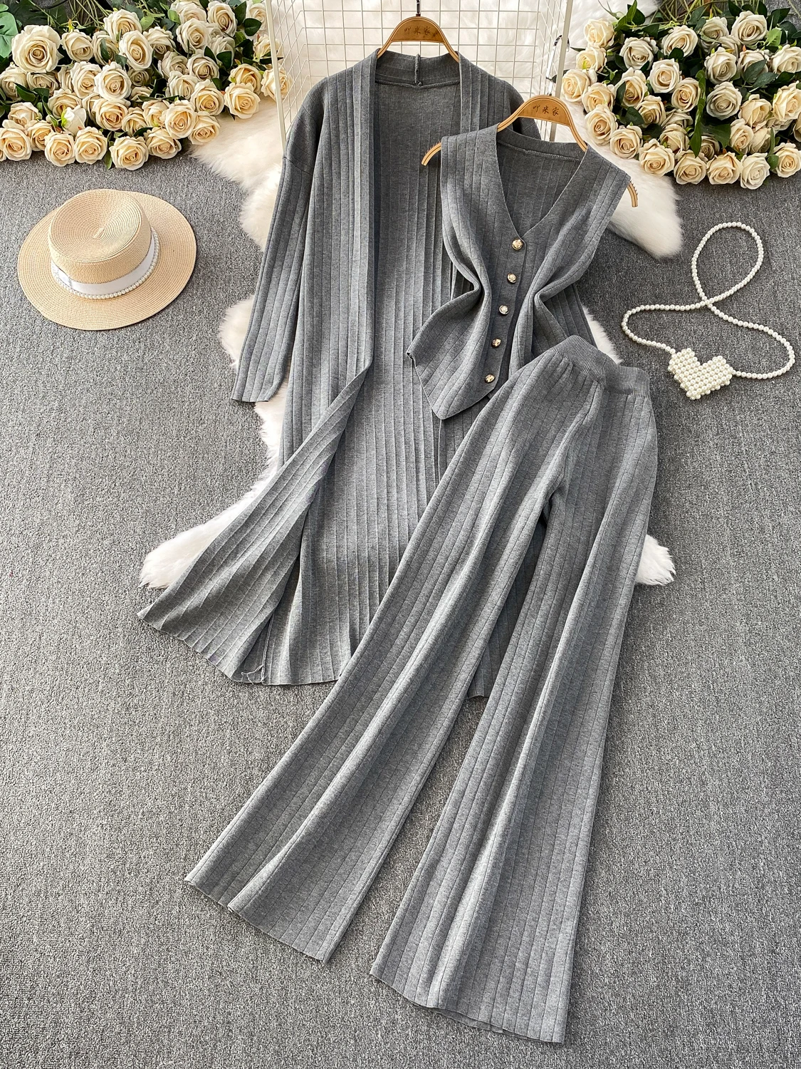 الخريف الشتاء فضفاض Sle منتصف طول محبوك سترة مفتوحة معطف سترة سيدة + بنطال ذو قصة أرجل واسعة تي شيرت مجموعة Faionable Casu...