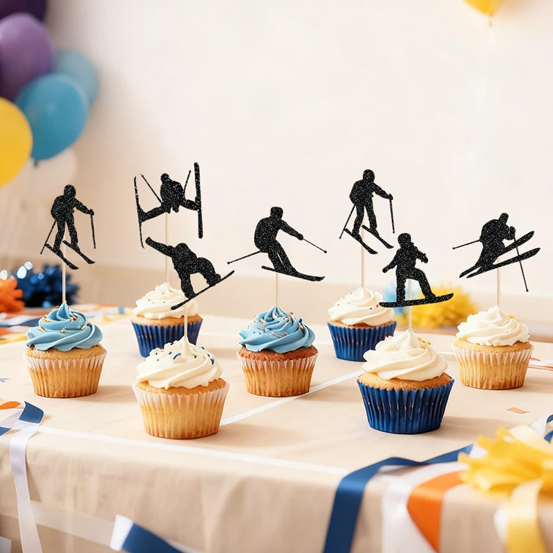 YOMDID 24 Stück Cupcake-Topper mit Ski-Thema, Silhouette, Skifahrer, Snowboarden, Cupcake-Topper, Picks für Winter-Kuchen-Dekorationen, Zubehör – Detail 9