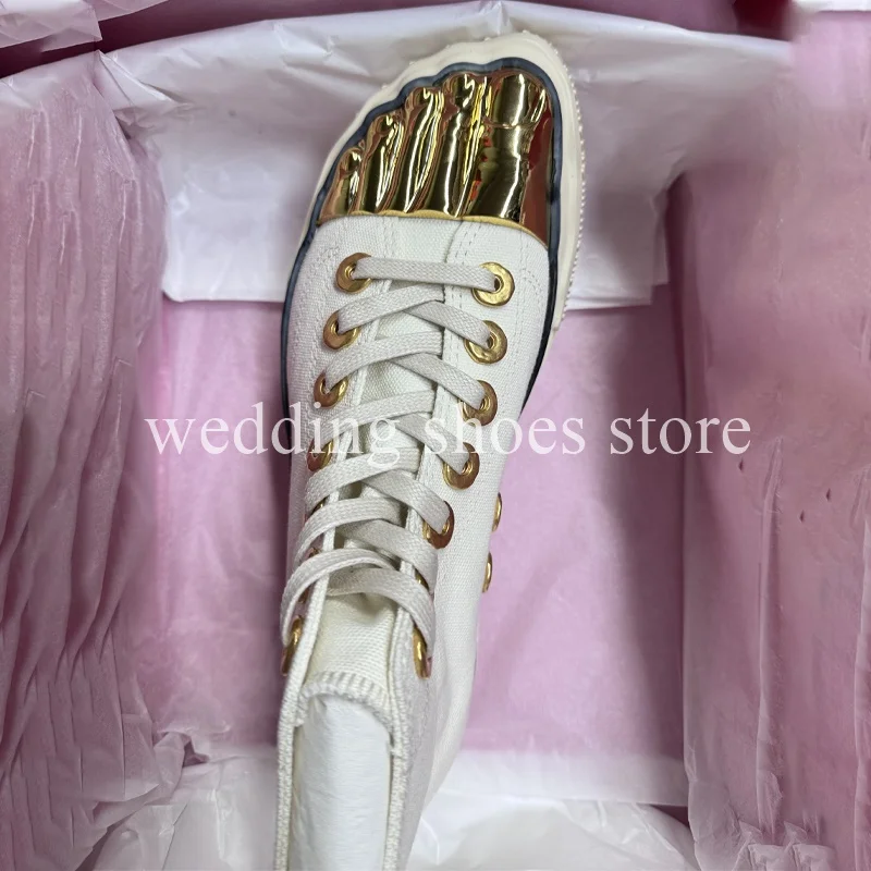 Gold Five-toed White Casual Canvas Shoes for Women Lace-Up High top Shoes Breathable New Style 2024 Flat Lovers Shoes