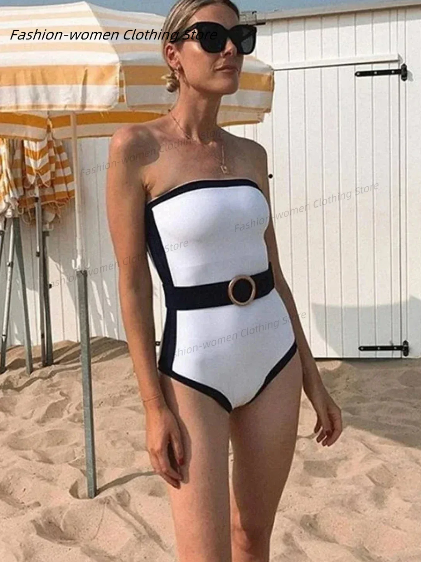 2024 New Black And White Contrast Color One Piece Swimsuit For Women Off The Shoulder Swimwear Female Bodysuit Monokini Bathing