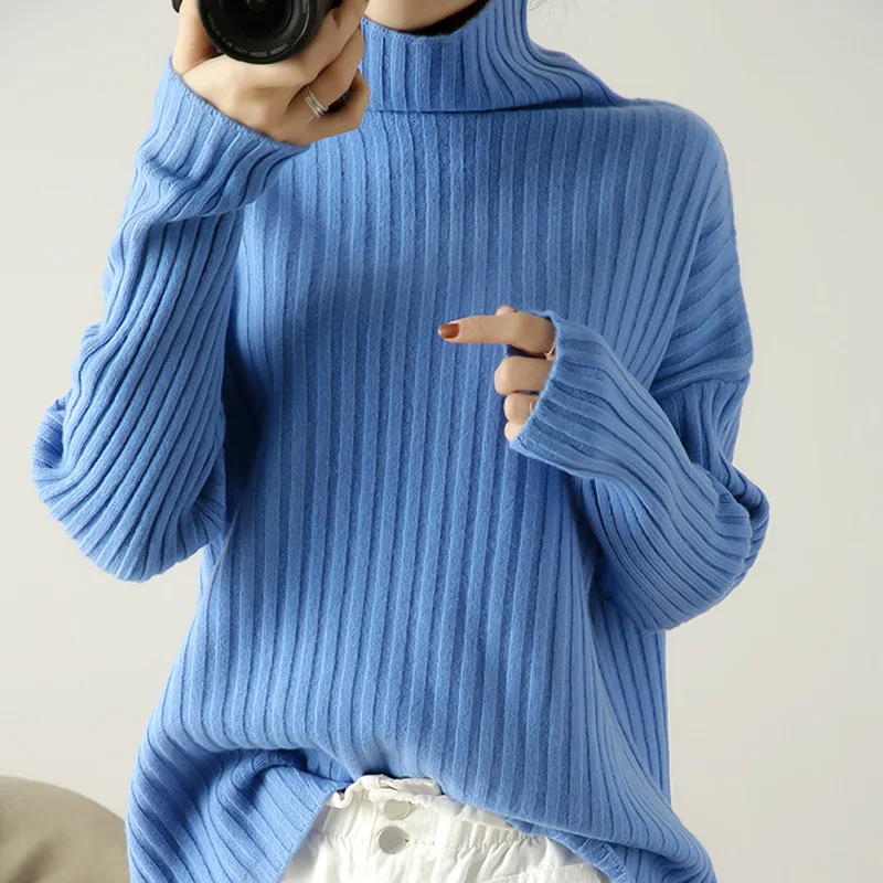 

Зимний женский свитер, водолазка из 100% чистой шерсти, вязаные пуловеры, Женские однотонные мягкие супертеплые джемперы с длинным рукавом