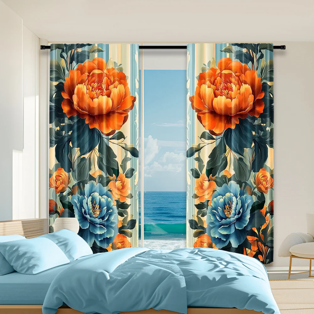 2Pcs Elegant Orange Blue Floral Curtains Rod Hole Design For Living Room Bedroom Decor Machine Washable Sun Privacy