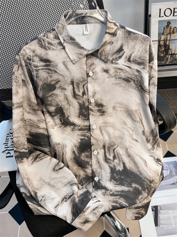 Casual Men's Ice Silk Long Sleeve Shirt Hip Handsome Watercolor Design Loose Fit Autumn Fashion Outerwear Male Top