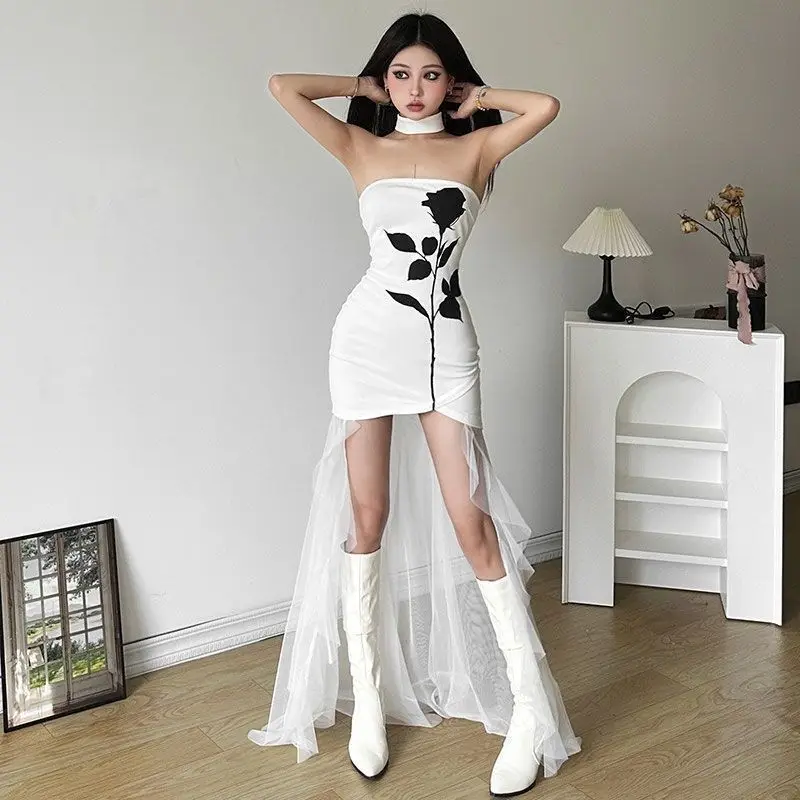 

Summer New France Tulle Dress Off-the-shoulder Strapless Dress Women Asymmetrical Party Wedding Gown Y2k Robe Bodycon Dress