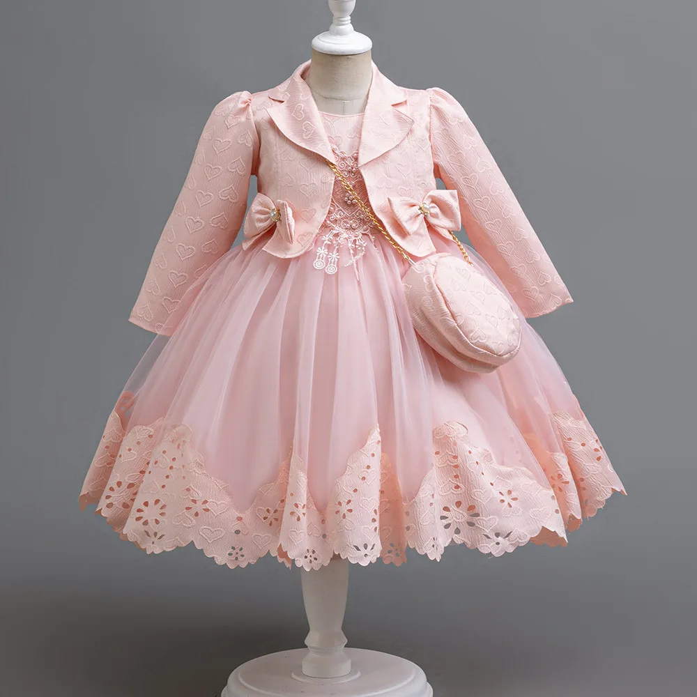 HETISO Girls Princess Ball Gown Long Sleeve Coat + Bag Set High End Beading Birthday Wedding Kids Casual Dress 3-12 Years