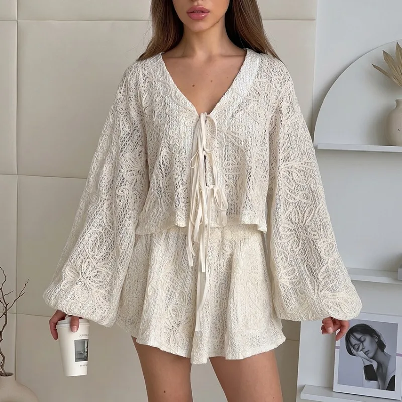 

2026 New Crochet Lace Pajama Set Women Floral Embroidered 2-Piece Outfit Tie Front Top + Shorts Loose Loungewear Summer Homewear
