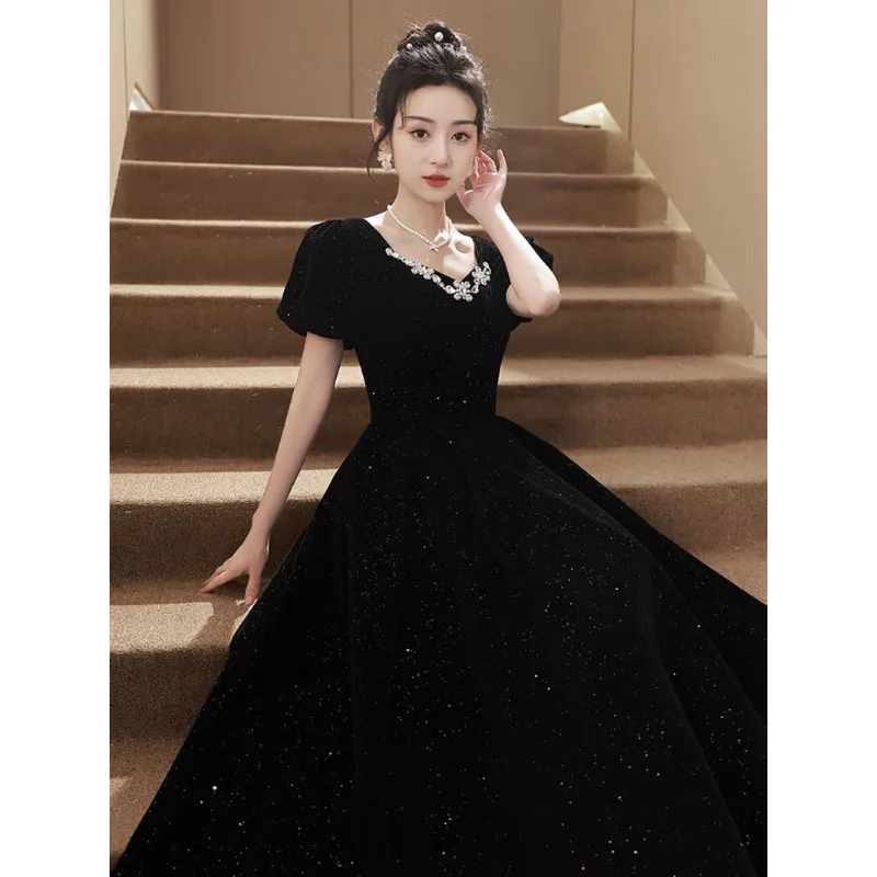 

Black Party Evening Dress Luxury Puff Sleeve Square Collar Hepburn Style Princess Gown Shiny Blingbling Quinceanera Ball Dresses