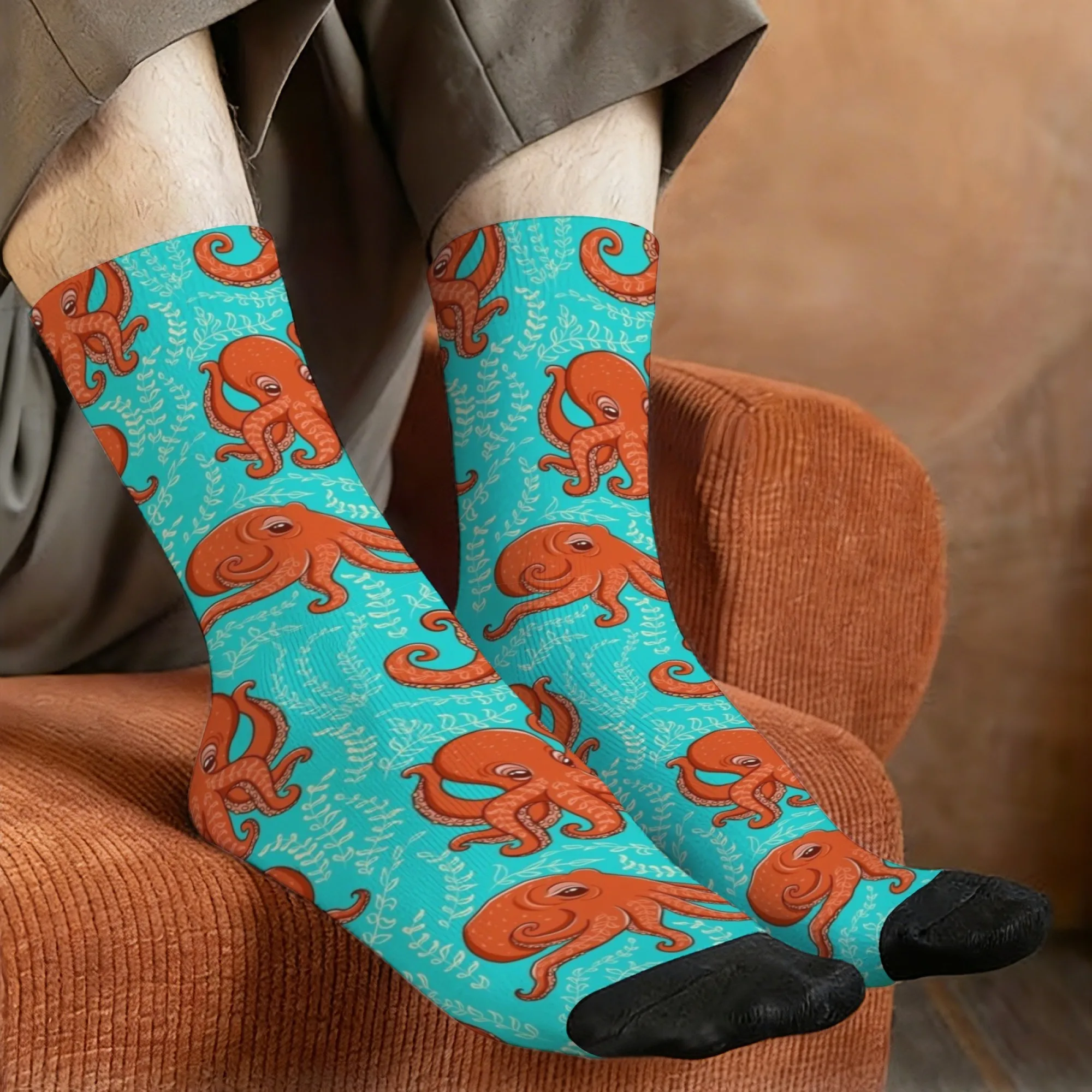 Ocean Octopus Print Socks Lightweight Snug Fitting Men's Socks Daily Wear Hiking Running Cycling Retro Fashion Compression Socks