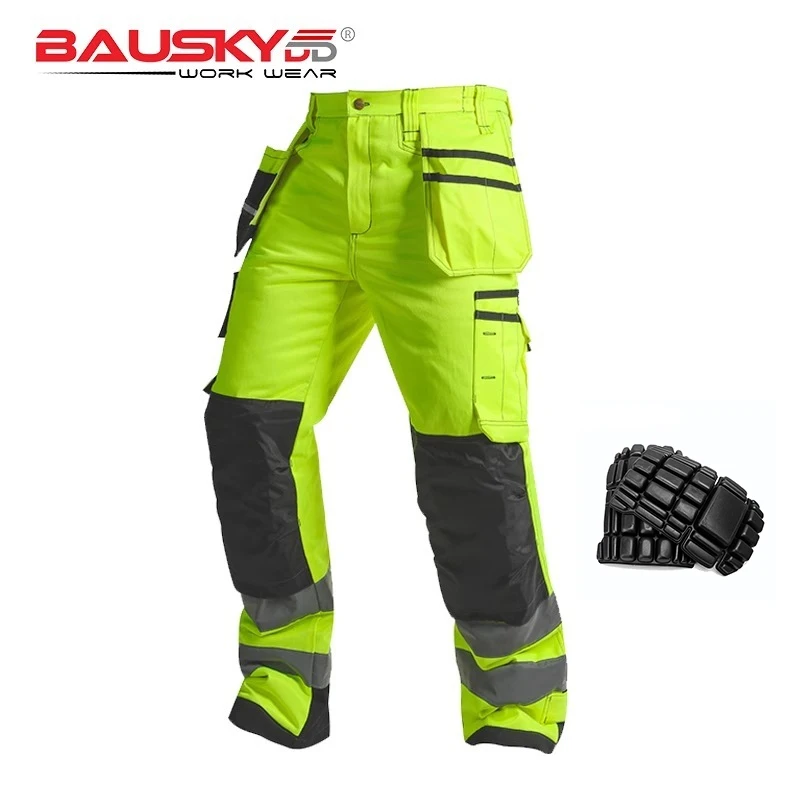 Work Pants Reflective with Knee Pads Winter Working Pants Men Construction Thickened Warm Hi Vis Trousers Men