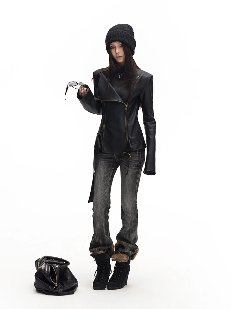 Lautaro Spring Autumn Cool Handsome Soft Black Pu Leather Jacket Women Long Sleeve Double Zippers Luxury Clothes Runway Fashion