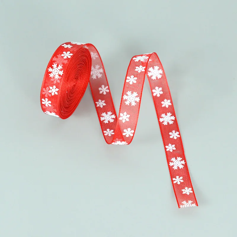 10/25MM Christmas Organza Ribbon 5m/20m Red/White Snowflake Printed Lace Ribbon Roll Handmade DIY Gift Wrapping Decor Bow Craft