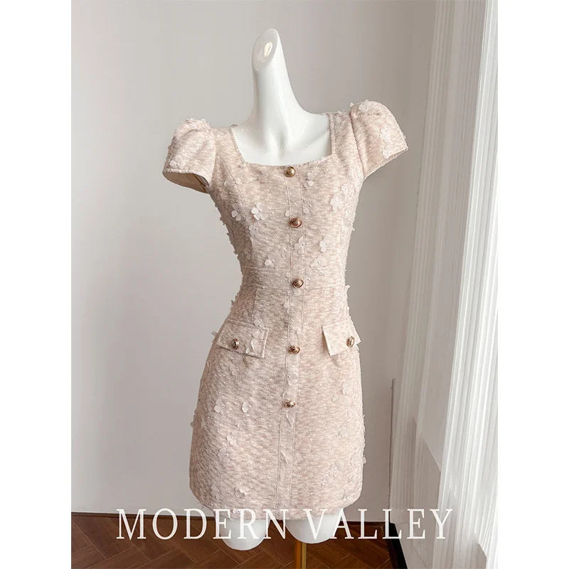 핑크 스퀘어 칼라 빈티지 향수 드레스 여성 여름 프랑스어 고품질 짧은 소매 달콤한 파티 결혼식 여성 짧은 드레스