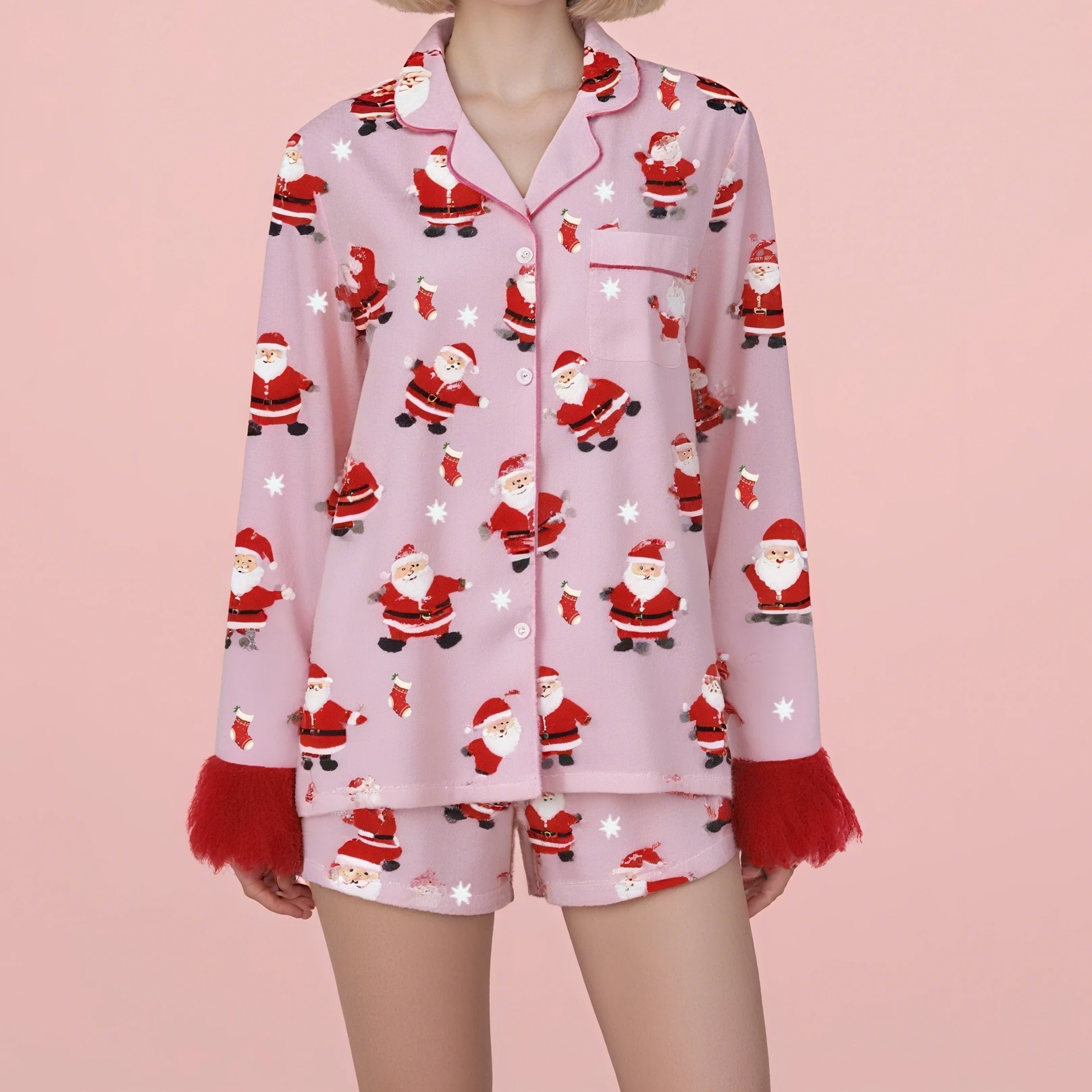 

Пижамный комплект с рождественским принтом, женская одежда для сна из мягкого полиэстера с дизайном Санта-Клауса и снежинок, праздничная ночная рубашка