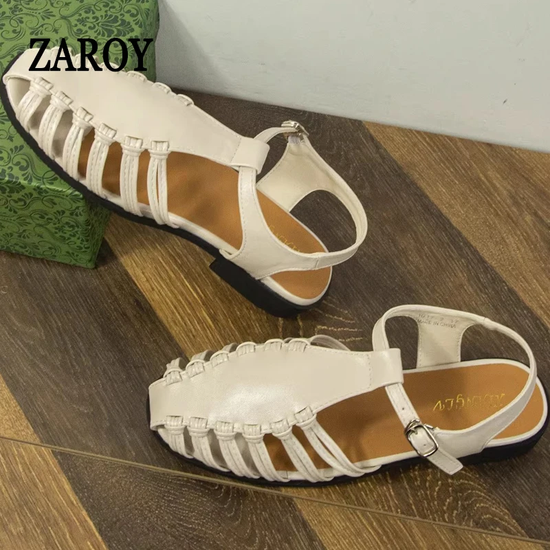 

ZAROY Roman Women's Sandals Summer Casual Flat Shoes Cover Toe Hollow Back Strap Designer Pig Cage Sandalias Zapatillas туфл