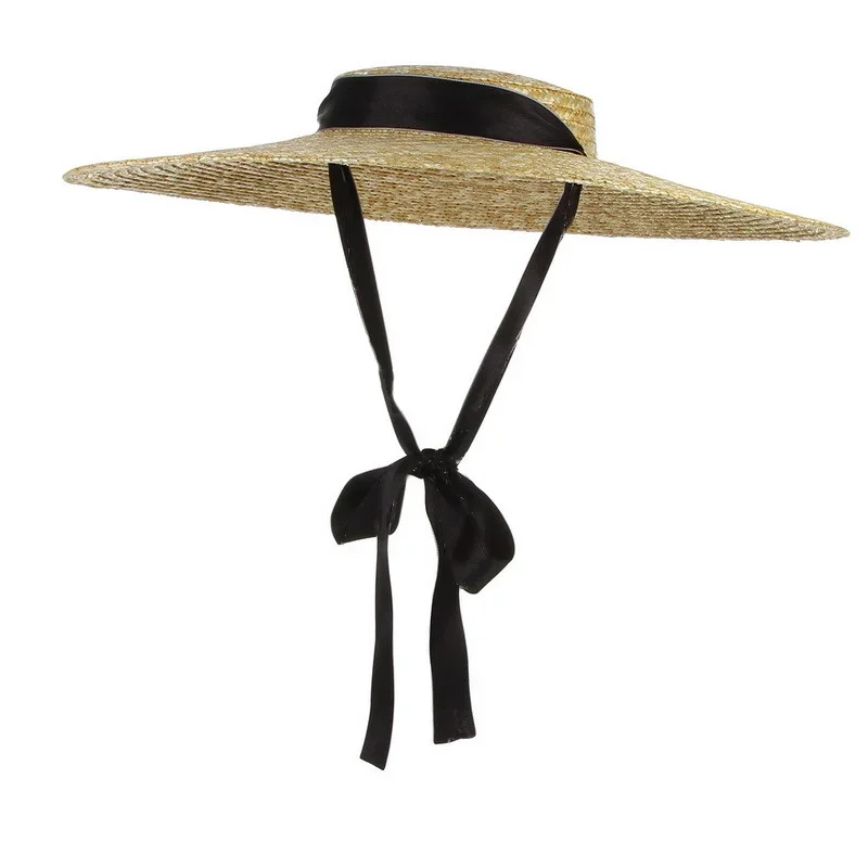 

Summer Big Natural Straw Hats For Women Handmand Wide Brim Beach Visor Caps Elegant Flat Top Long Ribbon Lace-Up Sun Hat