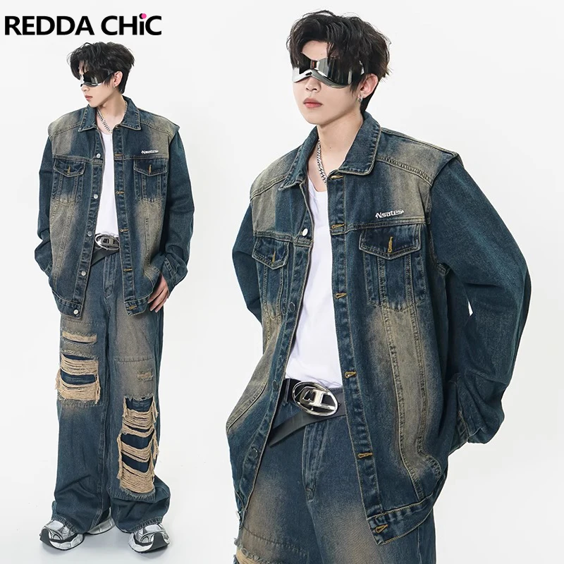 REDDACHIC Zipper Long Sleeves Men Denim Jacket Vintage Distressed Seamed Splice Loose Casual Bomber Coat Harajuku Y2k Streetwear