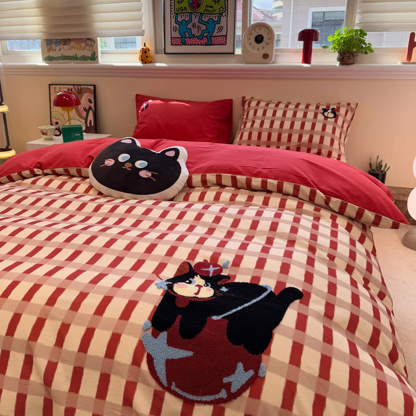 

Красный клетчатый комплект постельного белья из чистого хлопка, четыре предмета, размер Queen, всесезонный, с пододеяльником, простыней и наволочками, аксессуары для постельного белья