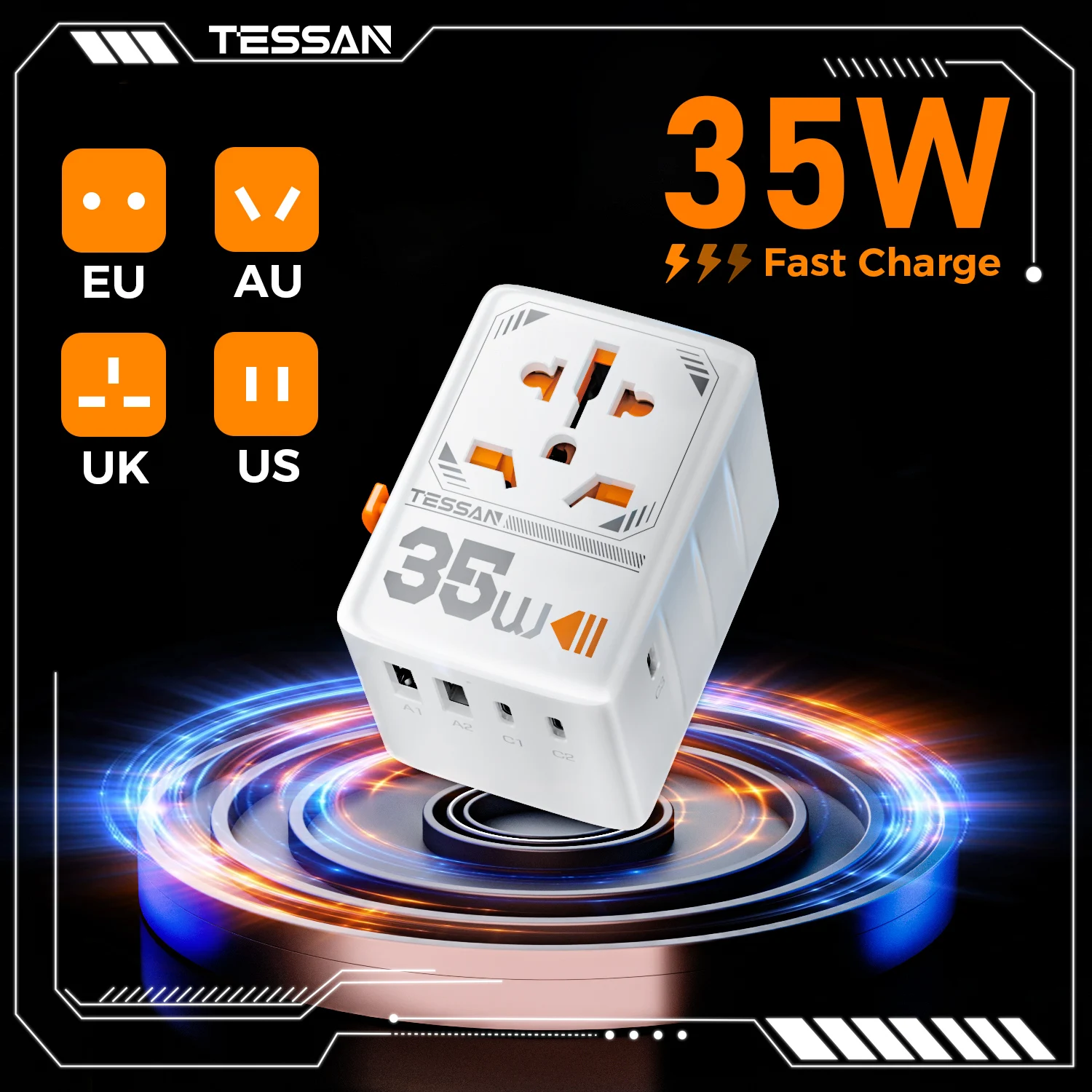 

TESSAN 35W Universal Travel Adapter Worldwide with USB &Type C, International Plug Power Adapter EU/UK/USA/AUS Plug for Travel