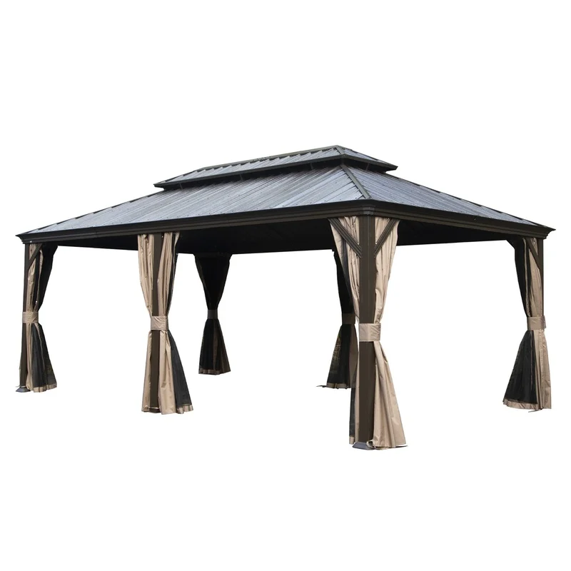 

12' x 20' Metal Gazebo with Drainage, Dual-Layer Galvanized Roof, Curtains, Netting, Outdoor Patio Shelter, Brown