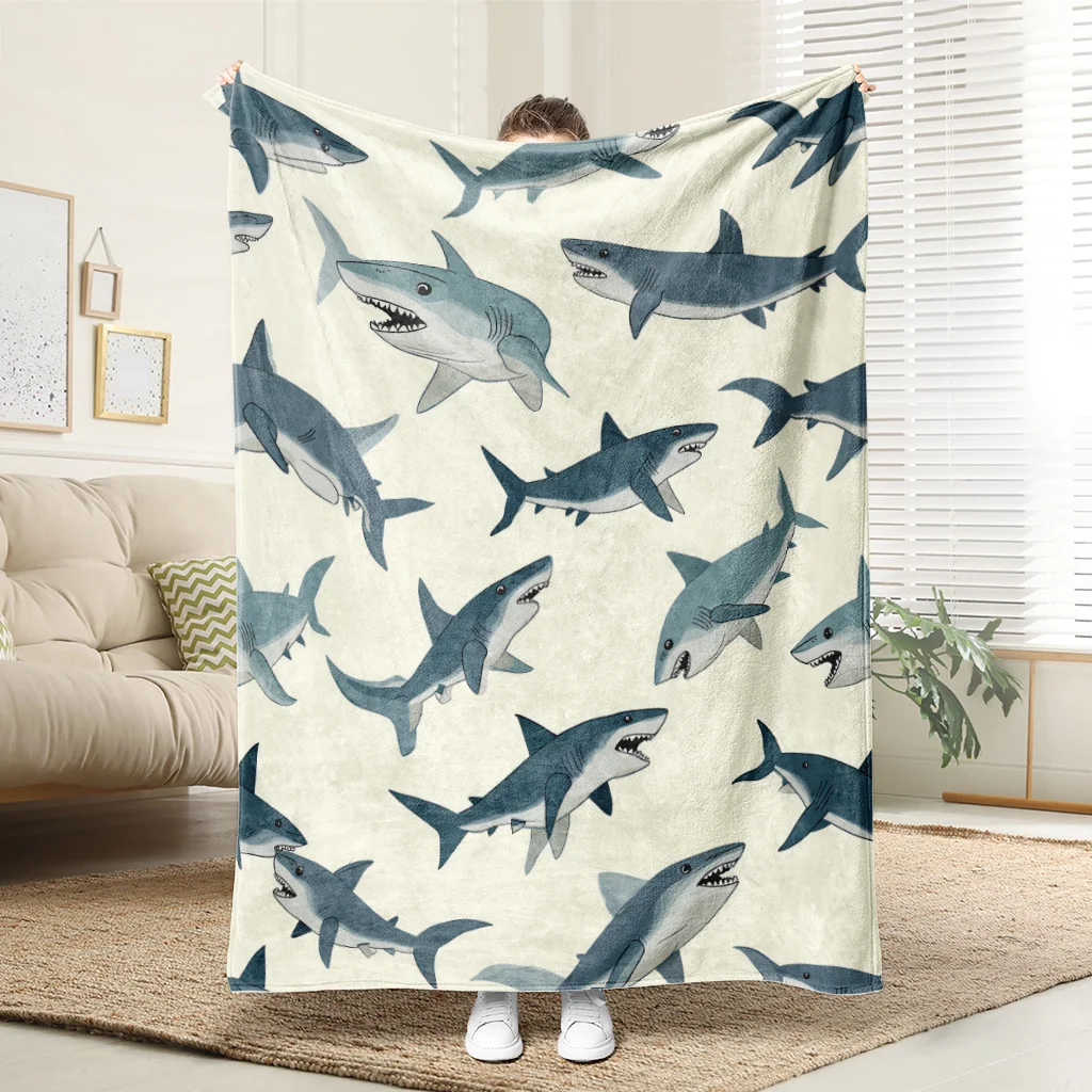 1pc Comfortable Shark Ocean Pattern Flannel Blanket Soft Printed Cooling Blanket Suitable for All Year Round 100% Polyester Perf
