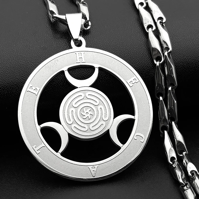Wicca Triple Moon Goddness Hekate Wheel Stainless Steel Pendant Necklace Strophalos Hecate Magic Symbol Charm PIN Jewelry Gift