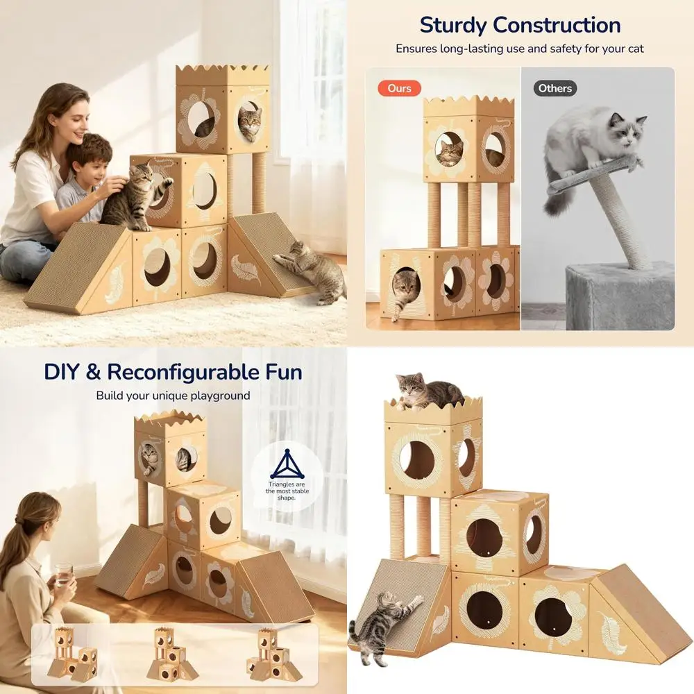 

Eco-Friendly Multi-Level Cardboard Cat Tower with Scratching Posts, Playhouse, and Tunnel for Kittens and Multiple Cats, 48.8x25