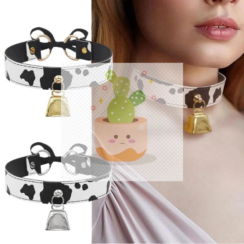 مثير جلد البقرة طباعة جرس قلادة طوق المختنق قلادة للنساء الشرير القوطية الحلو القوس القلائد تأثيري هدايا مجوهرات الحفلات