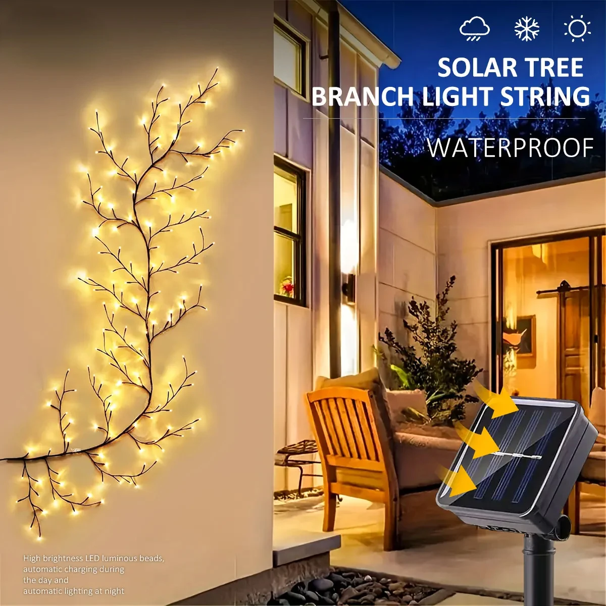 

1pc Solar Willow Vine Light For Outdoor Wall Balcony Garden Decor,72/96LEDS Solar String Fairy Light Waterproof For Christmas