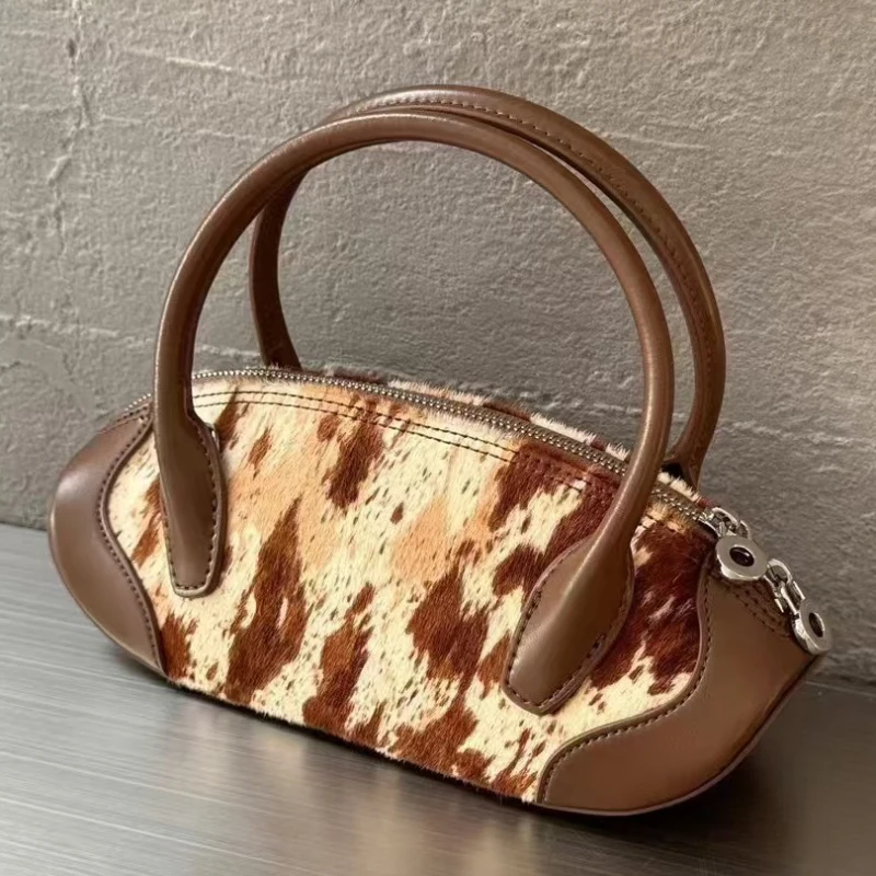 

High-end Vintage Leopard Print Handbag Horsehair Cowhide Patchwork Small Square Bag Luxury Designer Genuine Leather Shoulder Bag