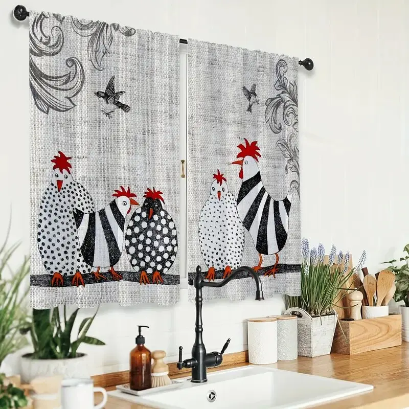 2 Pieces - Retro polka dot chicken abstract art pattern printed curtains, window decorations, home decorations, room decorations