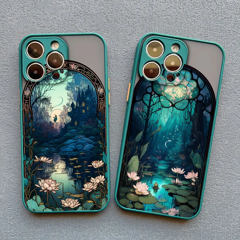 Chinese style Lotus Flower Pond Phone Case For Iphone 14 Pro 15 Pro Max Plus 11 12 13 Mini Pro Max XR XS X 7 8 Plus Cover Fundas