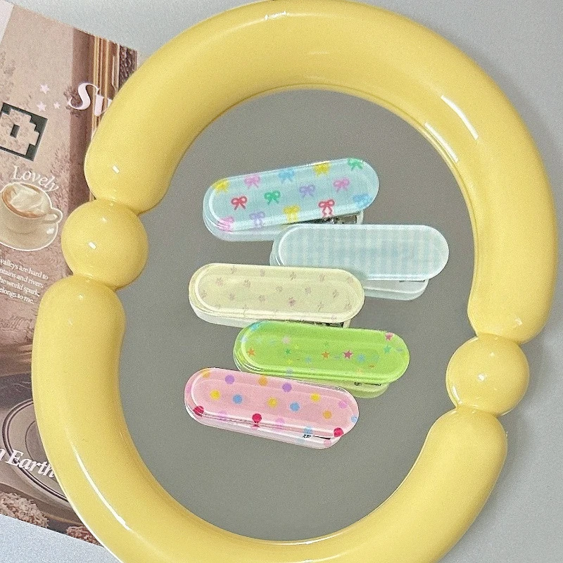 Sweet Girl Hair Clips Set, 5PCS Printed Duckbill Clips for Bangs, Korean Polka Dot Floral Ins Style Hair Accessories