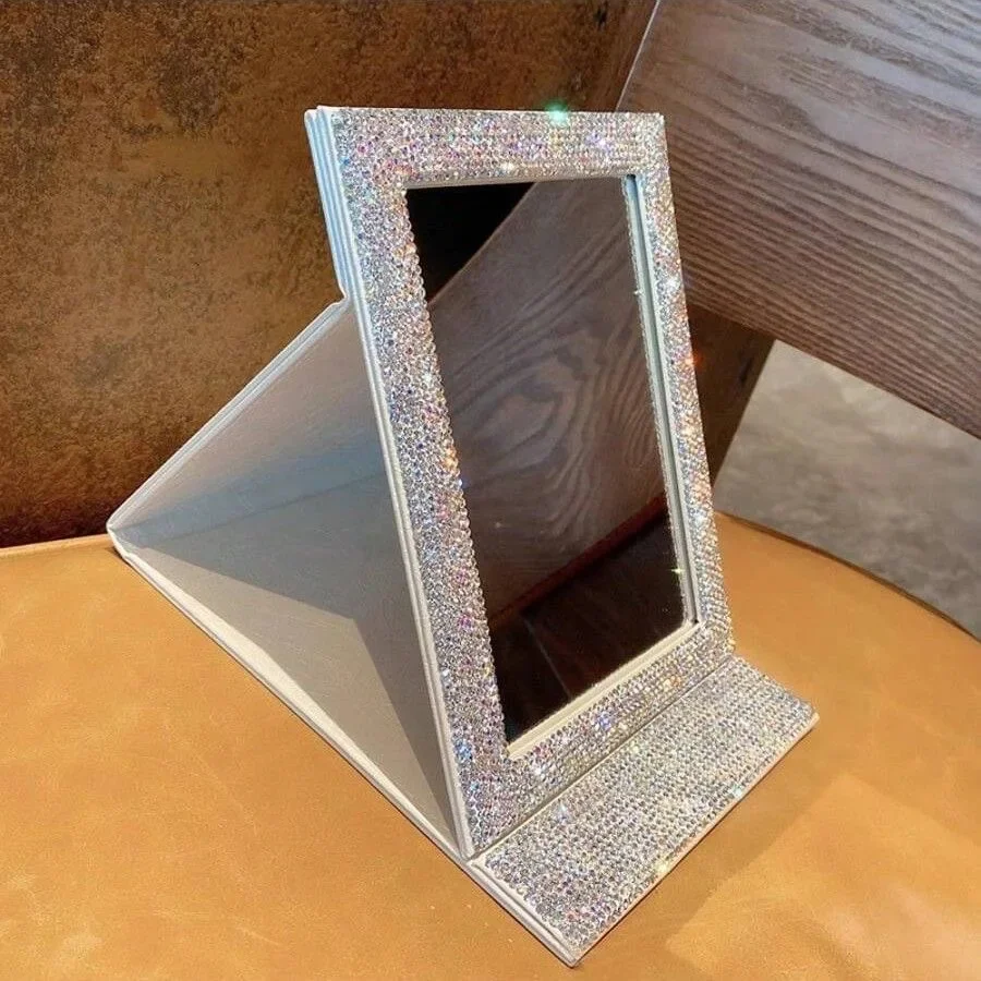 Sparkling Rhinestone Foldable Mirror Rectangle Makeup Mirror Portable Dormitory Desktop Dressing Mirror Bedroom Crystal Mirrors