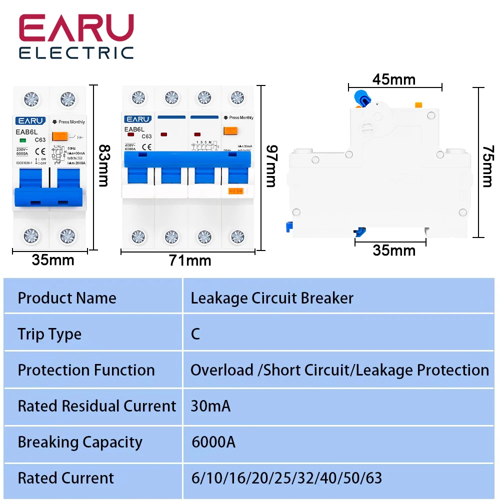 2P 4P C Type AC230V MCB Leakage Protector RCBO Overload Short Circuit Protection Residual Current Circuit Breaker Switch RCCB