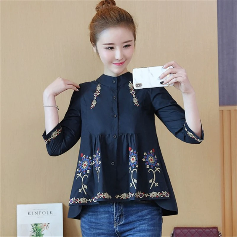 Ethnic Vintage Embroidery 100% Cotton Shirt Women Elegant Blouse Button Up Shirts Ladies Office Wear Loose Casual Tops 2022 New