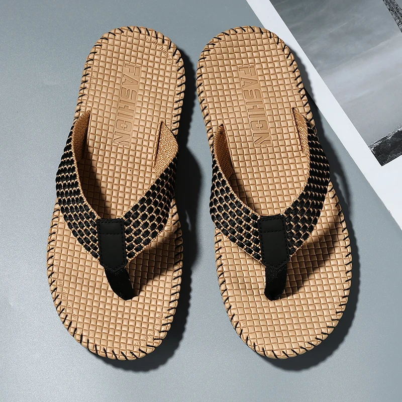 Men\'s flip flops summer new lightweight rubber woven slippers fashion casual outdoor sandals breathable anti slip beach shoes