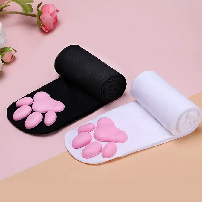 3D Cat Paw Over Knee Socks for Women White Black Silk Anime Y2K Cat Meat Pad Stockings 1 Pair