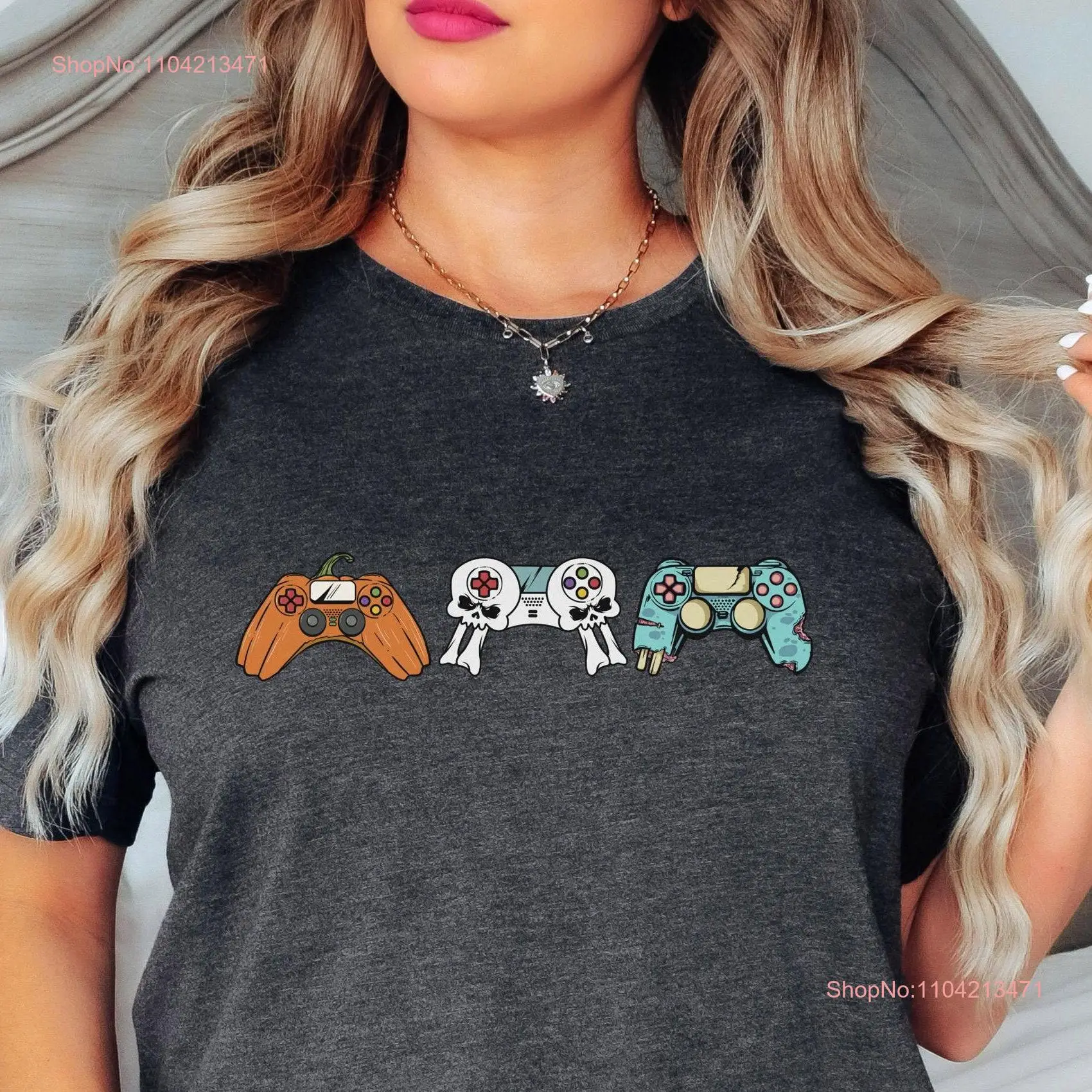 해골 호박 컨트롤러 할로윈 티셔츠, 으스스한 게이머 게임 컨트롤러, 트렌디 레트로 고스트 가을, 긴팔 또는 반팔