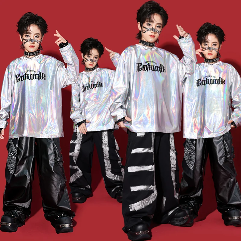 

Серебряная одежда в стиле хип-хоп, детская одежда для джазовых танцев для мальчиков, черные штаны для уличных танцев, детский модный сценический костюм AMY3024