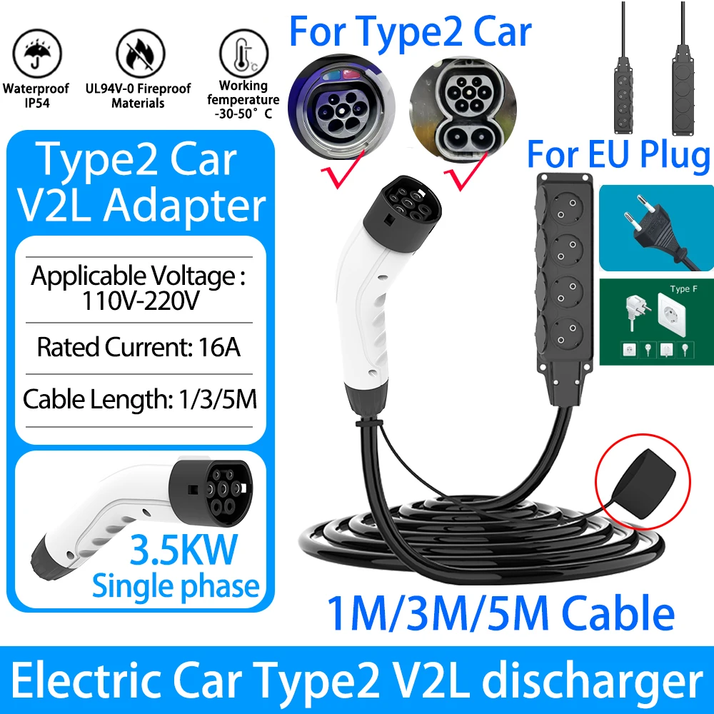

Unirise 16A 3.5KW Type2 V2L Discharger 1/3/5M Cable EU Socket For BYD Geely Zeekr MG Xpeng Car IEC62196-2 V2L adapter Discharger