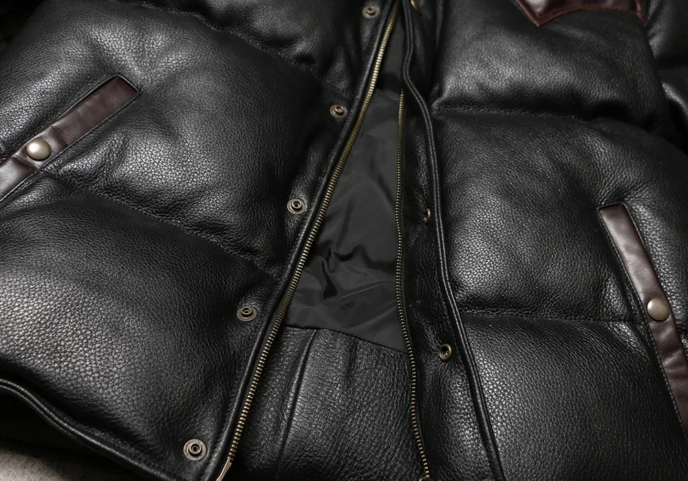 Winter Extra Thick Leather Down Bread Jacket Men's Vintage Leather Jacket Warm Jacket with Cowhide and Duck Down
