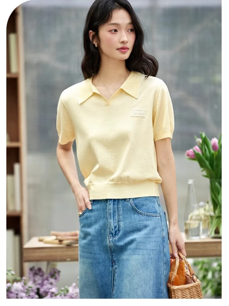 

VIMLY Yellow Pullovers Lace Embellished Knitted T-shirt 2025 Summer Women's Turn-down Collar Short Sleeve Woman Clothing 75011