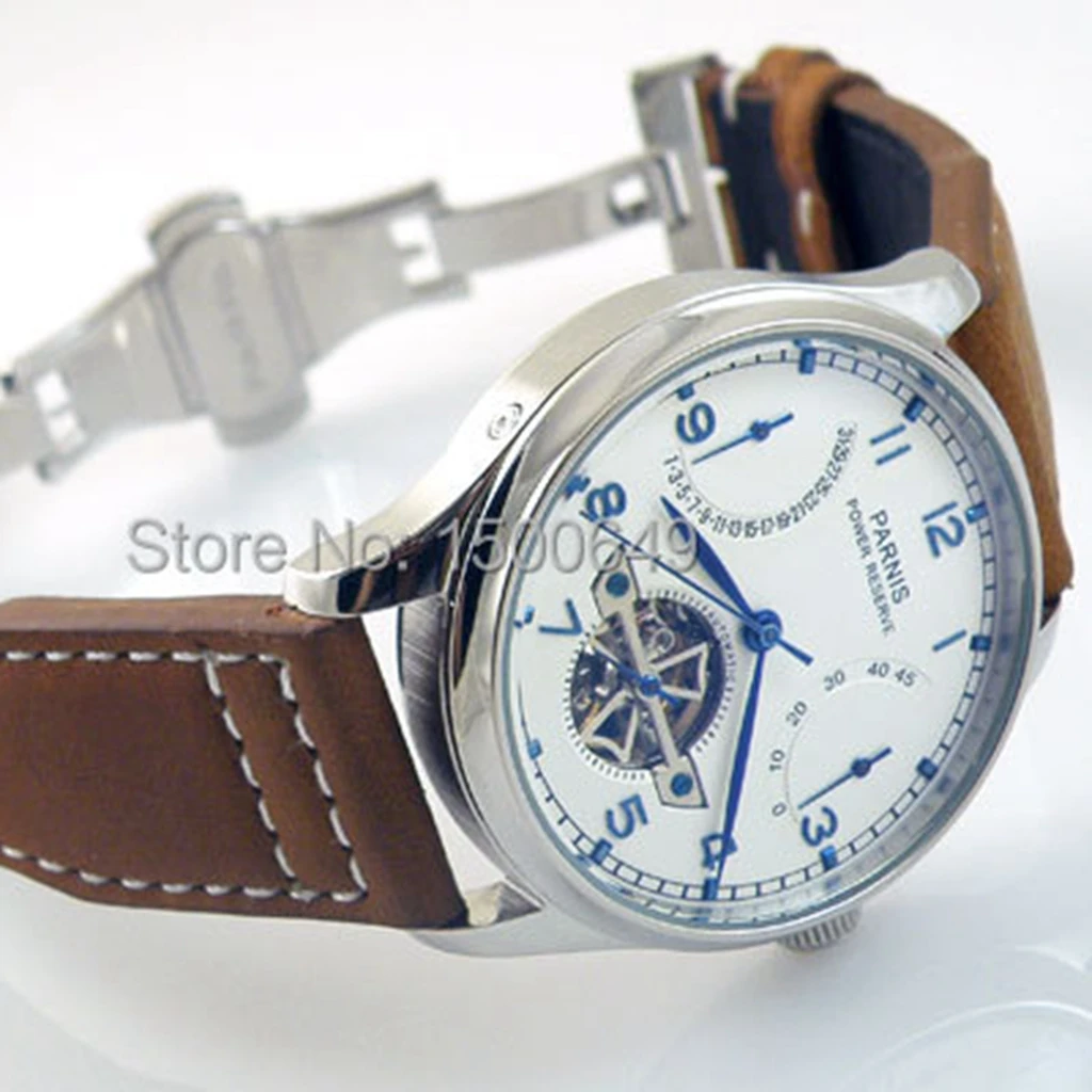 Parnis 43mm Silver Case White Dial Seagull ST2505 Power Reserve Automatic Movement Leather Strap Men\'s Top Casual Watch