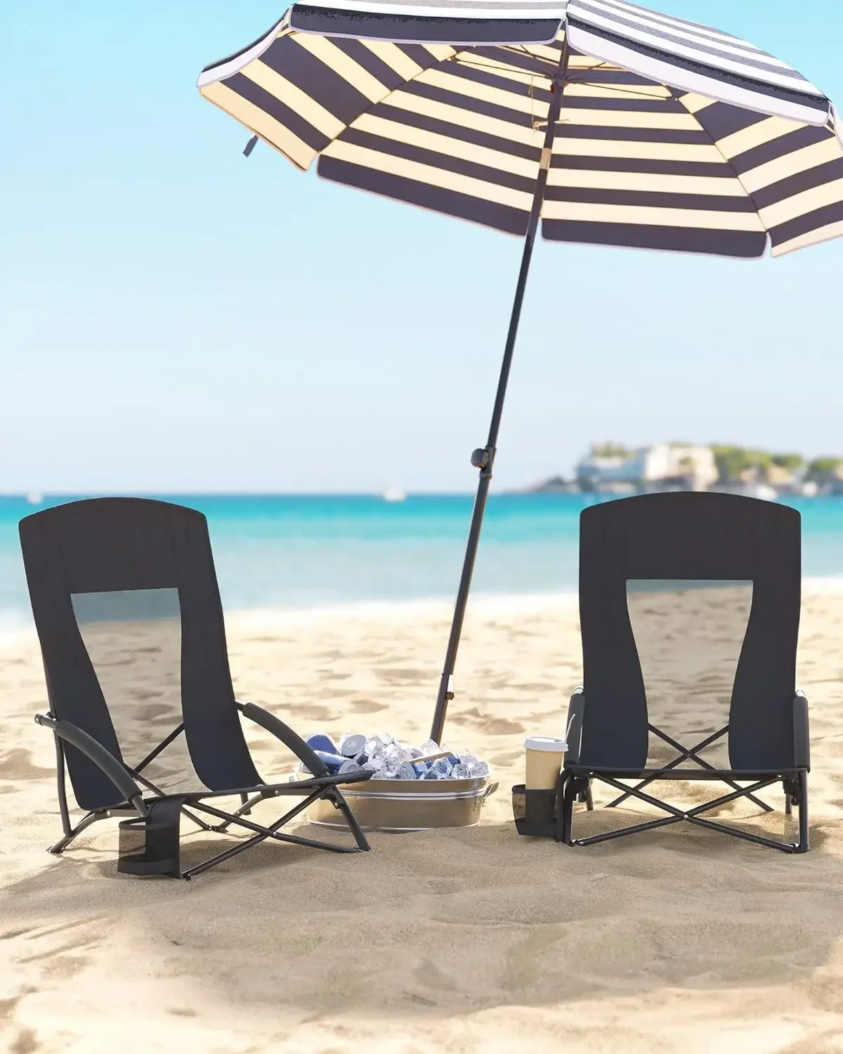 

Portable Beach Chair, with High Backrest, Cup Holder, Foldable, Lightweight