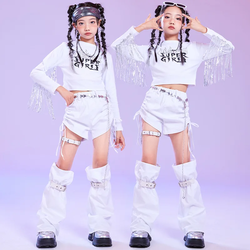 

Kid Hip Hop Clothing White Fringe Crop Top Long Sleeve T Shirt Ruched Side Drawstring Shorts for Girl Jazz Dance Costume Clothes