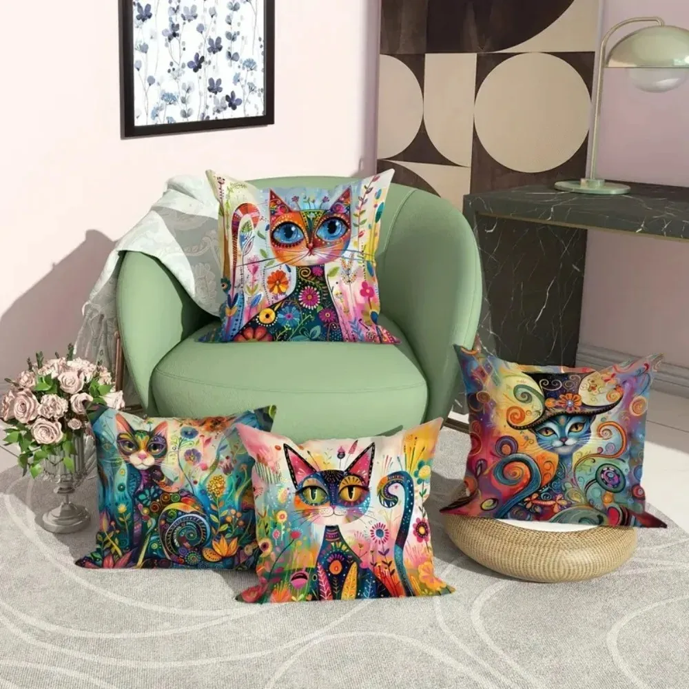Colorful Fantasy Cat Pillow Cover 2
