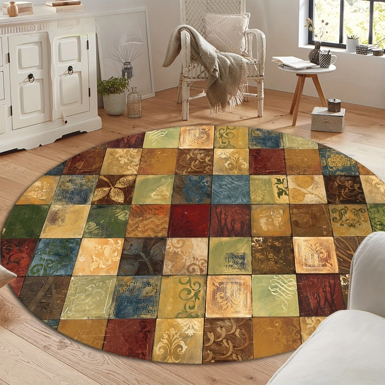 Antique Multi-Color Mosaic Square Circular Area Rug Vintage Damask Floral Print Round Mat Boho Farmhouse Decor Rug for Sofa Side