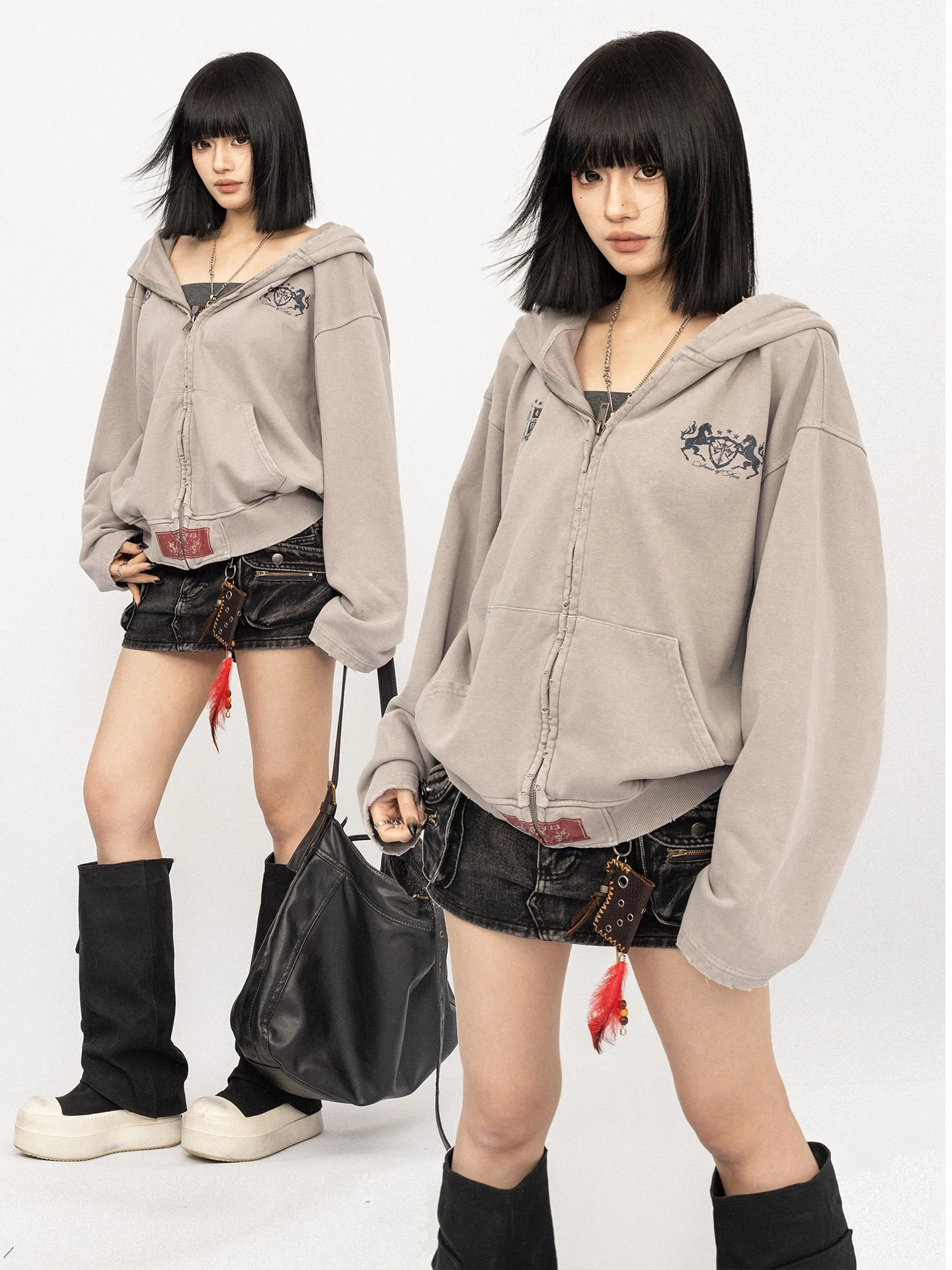 

OCTTFLAB American Retro Printed Hoodie Cardigan Women Loose Couple Outerwear Zipper Long Sleeve Cotton Comfortable Fit Hooded